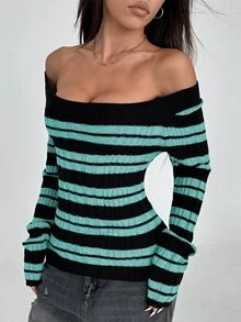 Flirla Women's Casual Striped Off-Shoulder Long Sleeve Sweater - Mint Blue - View 6