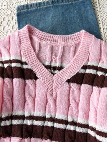 女童 V 領粉色與咖啡色條紋拼接針織毛衣，麻花編織設計，柔軟針織簡約長袖上衣，適合秋冬休閒穿著、外出、派對、拍照與玩耍 - 彩色 - 查看 5