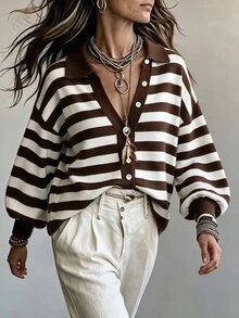 Linhara CURVE Plus Size Women's Striped Drop Shoulder Long Sleeve Single-Breasted Casual Knit Cardigan - Multicolor - View 5