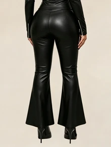 Sirith Women's Solid Color Rhinestone Decor PU Leather Fashion Flare Pants - Black - View 2