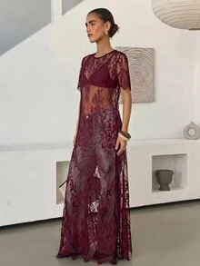 Lavishia 女款圓領短袖透視蕾絲洋裝，蕾絲刺繡透視拍照套裝，黑色花卉，日常優雅派對夜店女裝 - 酒紅色 - 查看 9