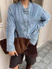 DAZY Deep Blue Stand Collar Single-Breasted Metal Button Loose Drop Shoulder Long Sleeve Casual Versatile Denim Jacket - Blue - View 4