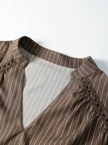 Linhara CURVE Plus Size Casual Brown Striped V-Neck Lace Patchwork Long Sleeve Blouse - Coffee Brown - View 5