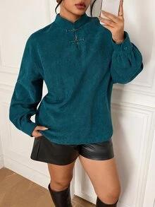 EastFlair Plus Size Women's Elegant Long Sleeve Top With Frog Button Front Fall - Green - View 5