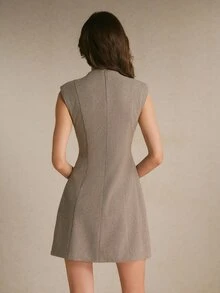 Poéselle Women's Solid Color Single-Breasted Casual Commute Mini Dress - Brown - View 8