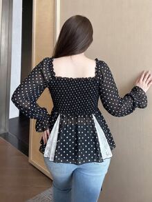 Vibekara New Elegant Sweet Chiffon & Contrast Lace Puff Sleeve Blouse, Frill Trim Cropped Shirt For Women, Slim Fit Fall - Black - View 2