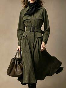 LUMIGAL Women's Casual Long Sleeve Pocket Dress For Streetwear And Outings - Green - View 1