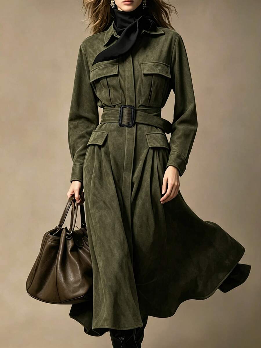 LUMIGAL Women's Casual Long Sleeve Pocket Dress For Streetwear And Outings - Green - View 1