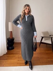 Vionelle Plus Size Autumn/Winter Fitted Knit Long Dress, Colorblock Round Neck Half-Button Flare Sleeve Bodycon Sweater Dress Formal Holiday Grey Casual Baggy - Grey - View 5