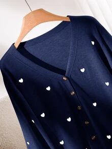 CosyJoli 女款大尺碼心形刺繡基礎開襟衫 秋冬款 - 藍白色 - 查看 4
