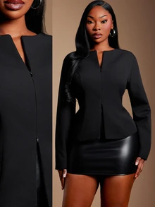 SHEIN SXY سترة بليزر سوداء قصيرة ضيقة بدون ياقة مثيرة - الأسود - مشاهدة 2