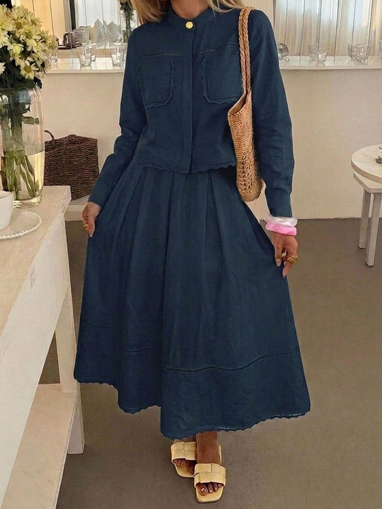 DAZY Set 2 Potong Kemeja dan Rok Saku Patchwork Renda Elegan untuk Wanita Musim Semi/Panas - Navy Blue - View 5