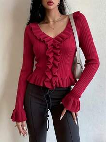 INAWLY Romantic Versatile Date Holiday Travel INS Style Knit Cardigan With Ruffle Pleated Hem - Burgundy - View 7