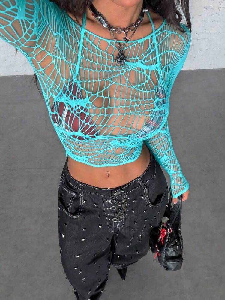 StreetHx Crop Top Jala Jacquard Jaring Laba-laba Wanita, Warna Teal Musim Panas Lengan Panjang Transparan Jaring Ikan untuk Klub Malam Halloween Gaya Alien Pakaian Jalanan Seksi - Biru - View 6