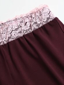 Sweetra Women's Lace Trim V-Neck Long Sleeve Solid Color T-Shirt And Flared Pants, Autumn Outfit, 2 Pieces Set - Burgundy - View 6
