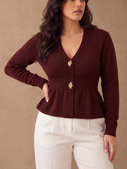 Juhart 1pc Women's Plus Size Vintage Elegant Cinched Waist Long Sleeve Solid Color Knit Cardigan With Metal Button Decor, Suitable For Daily Commute And Dating, Spring And Autumn