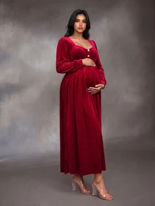 SHEIN Gaun Pesta Malam Hamil Ukuran Plus Lengan Panjang Beludru Burgundy Leher Persegi Dekorasi Gesper Berlian Potongan A-Line Elegan - Burgundy - View 1