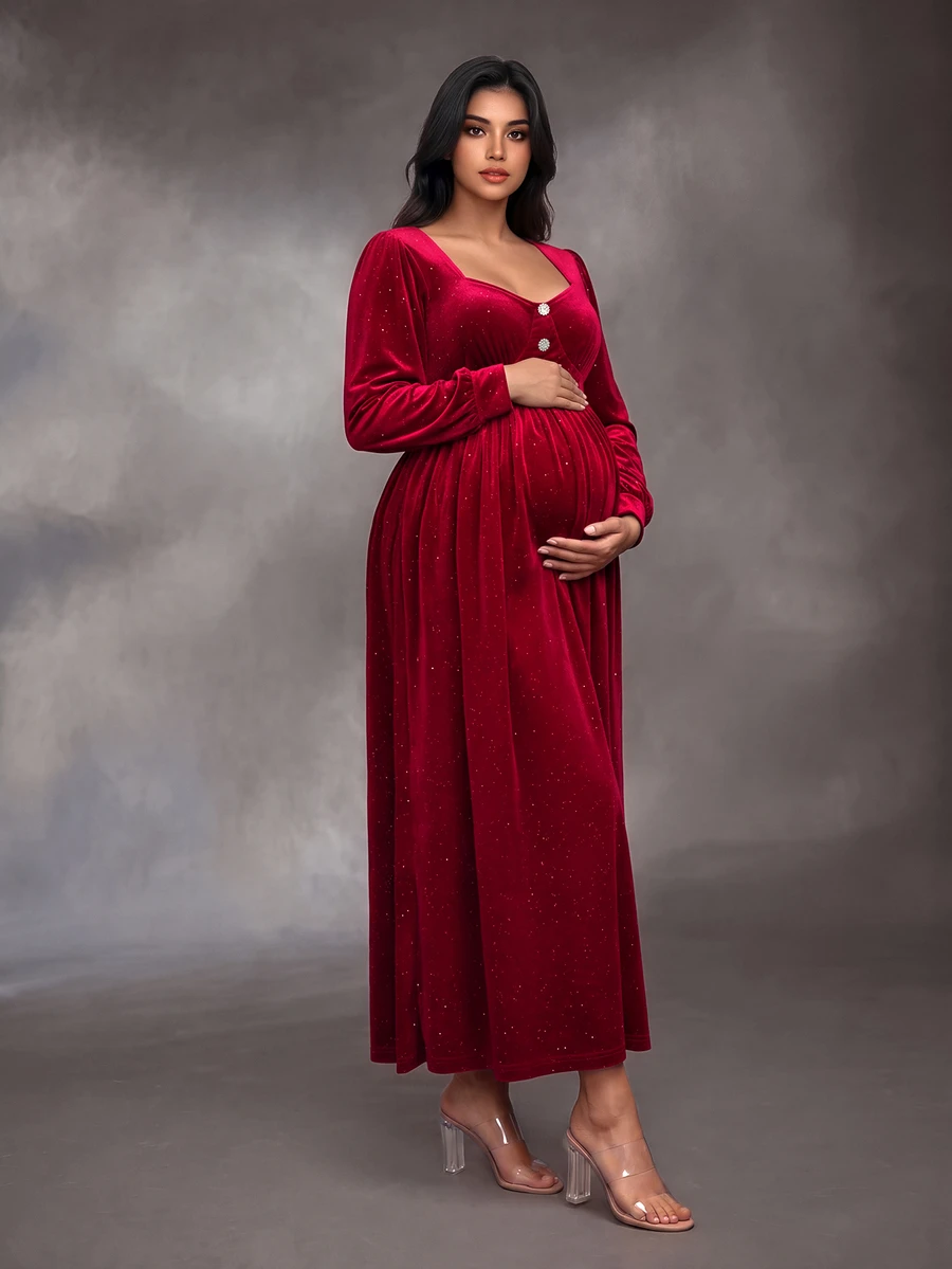 SHEIN Gaun Pesta Malam Hamil Ukuran Plus Lengan Panjang Beludru Burgundy Leher Persegi Dekorasi Gesper Berlian Potongan A-Line Elegan - Burgundy - View 1