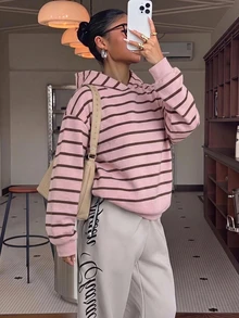 Muchica 女款休閒寬鬆連帽衛衣，條紋衛衣，女款秋冬服飾 - 彩色 - 查看 3