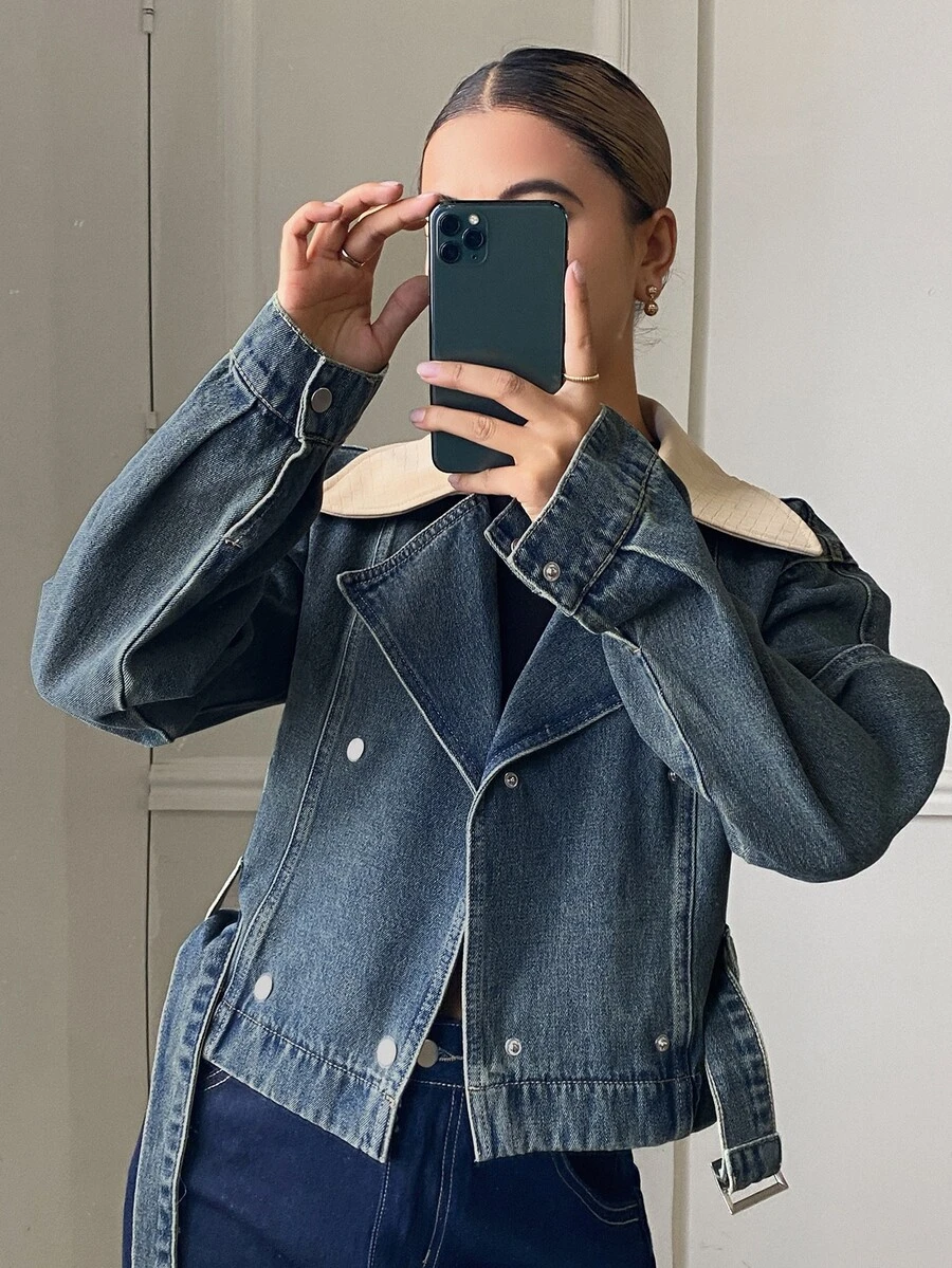 DAZY Women's Short Washed Vintage Loose Denim Jacket And Outerwear - Medium Wash - View 1