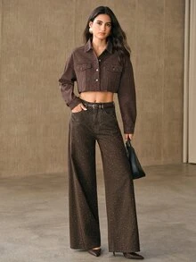 Anewsta Women's Single-Breasted Casual Versatile Daily Denim Top - Rust Brown - View 4