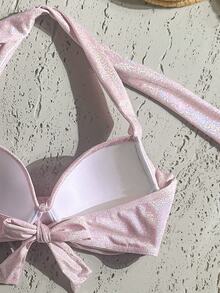 SHEIN Swim 夏季海灘扭結式聚攏胸型掛脖比基尼上衣 - 粉色 - 查看 5