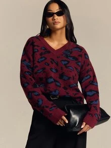 COSMINA Women's V-Neck Leopard Print Casual Versatile Daily Wear Long Sleeve Sweater - Multicolor - View 1