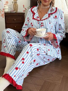 CottageSlumber Plus Size Women's Striped Floral Print Long Sleeve & Long Pants Pajama Set, Ruffle Trim, Romantic Pastoral Style, Comfortable Home Sleepwear Set - Blue - View 1