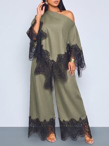 SOLERSUN Plus Size Women's Asymmetric Hem Contrast Lace Asymmetrical Shoulder Blouse And Wide Leg Pants Elegant 2 Pieces Set Fall Cocktail Brunch Olive Green - Army Green - View 3