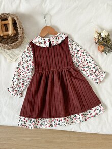 SHEIN Girls' Elegant Rose Dusty Pink Knitted Ribbed Patchwork Floral Digital Print Ruffle Collar 2 In 1 Dress, Autumn - Brown - View 2