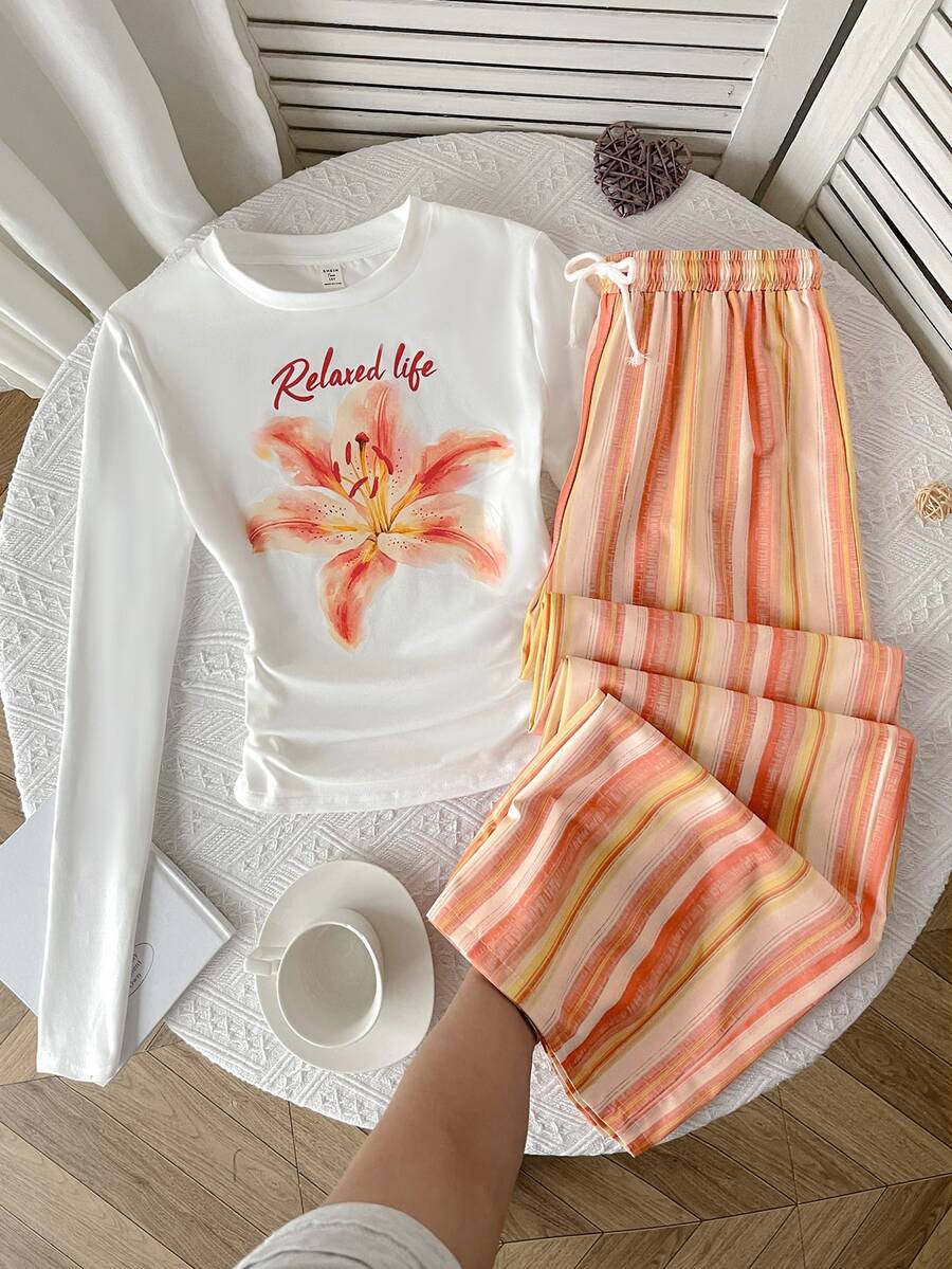 SHEIN 青少年女孩 T-Shirt 套裝 秋冬/春季休閒日常穿著 圓領長袖熱帶花卉印花白色 T-Shirt + 橘色編織條紋彈性抽繩長褲套裝 度假穿搭 - 橘色 - 查看 1