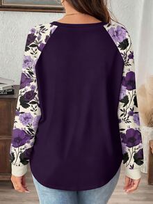 SHEIN LUNE Plus Size Women's Casual Raglan Sleeve Round Neck Loose T-Shirt, Suitable For Spring/Autumn - Purple - View 2