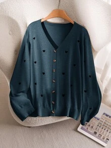 CosyJoli 大尺碼女款素色愛心刺繡基礎開襟衫 秋季商務休閒 情人節約會 辦公室 可愛優雅 校園大學 米色 - 藍色 - 查看 7