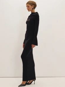 MUSEYN Black Soft Long Sleeve Cape Overlay Maxi Dress Versatile Everyday Casual Chic New Season Fall - Black - View 2