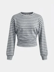 SHEIN Tween Girl Autumn/Winter Grey Striped Sweatshirt, Casual Versatile Sporty Streetwear For Daily Wear - Grey - View 2