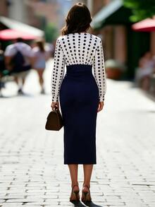 Balvessa Gaun Lengan Panjang Polkadot Patchwork Elegan untuk Wanita, Cocok untuk Kantor dan Perjalanan Sehari-hari - MultiWarna - View 2