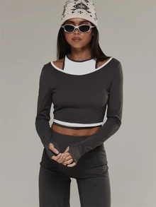 Musera Sport Contrast Colour Piped Double Layered Long Sleeve Coord Top Active Outdoors Workout Gym Terra Peak - Black and White - View 2