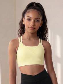 SHEIN 青少年女孩運動服 素色針織運動背心，修身交叉設計短版吊帶背心，高彈性面料，校園運動休閒，Y2K風格，秋冬四季通用，健身課衣櫥 - 黃色 - 查看 3