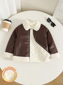 SHEIN 小男孩小女孩秋冬保暖內裡厚領長袖夾克 棕色夾克 小男孩夾克 保暖內裡夾克 - 彩色 - 查看 5