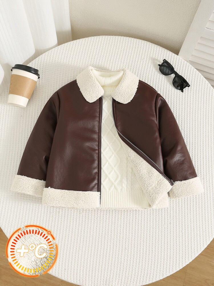 SHEIN Young Boy Young Girl Autumn/Winter Thermal Lined Thick Collar Long Sleeve Jacket Brown Jacket Young Boy Jacket Thermal Lined Jacket - Multicolor - View 5