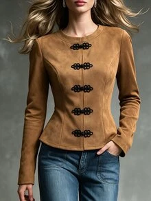 SHEIN Women's Elegant Round Neck Asymmetrical Chinese Style Frog Button Slim Fit Jacket For Autumn, Commute, Daily Wear And Vacation - Khaki - View 3