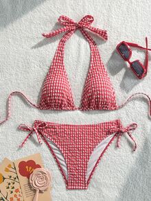 Swim Basics 女款紋理格紋掛脖綁帶性感比基尼兩件式泳衣套裝 - 紅色 - 查看 2
