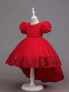 SHEIN Glamorique Kids 公主風女孩蓬蓬紗裙 兒童生日表演正式禮服 新生兒短袖婚禮花童裙 - 紅色 - 查看 5