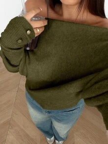 Sunnyshic Plus Size Sexy Off-Shoulder Solid Color Knit Sweater Fall - Green - View 1