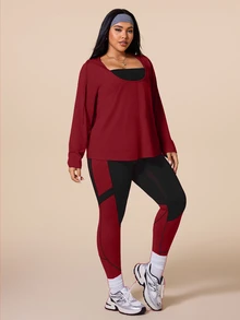 SHEIN Rhythm Era طقم رياضي شتوي مقاس كبير تي شيرت بغطاء رأس وسروال ضيق بألوان متباينة - متعدد الألوان - مشاهدة 3