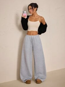 SHEIN PETITE Women's Solid Color Drawstring Waist Pocket Wide Leg Casual Sweatpants - Light Grey - View 3