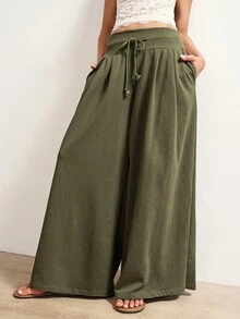 Bohemela Casual Solid Color Knit Wide Leg Women's Pants - Green - View 2