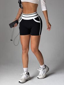 Slayform Seamless Knit Contrast Color Pocket Sports Shorts - Black - View 4
