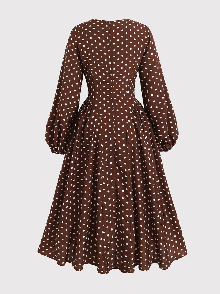 SHEIN Gaun Remaja Perempuan, Gaun Musim Gugur Kasual Elegan Motif Polkadot Cokelat, Gaun Sehari-hari, Kembali ke Sekolah, Pesta, Musim Kelulusan, Gaun Vintage - Coklat - View 3