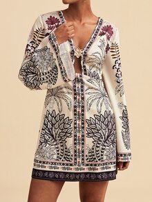 Travachic Women's Vacation Palm Tree Pattern Metal 3D Flower Decor Bell Sleeve Fashion Mini Dress - Multicolor - View 5